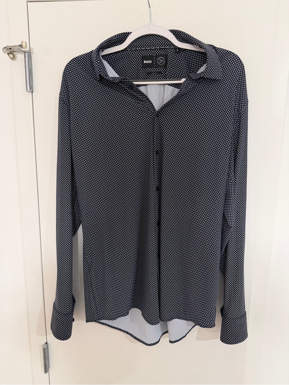 Boss Navy and White Microdot Long-Sleeve Dress Shirt